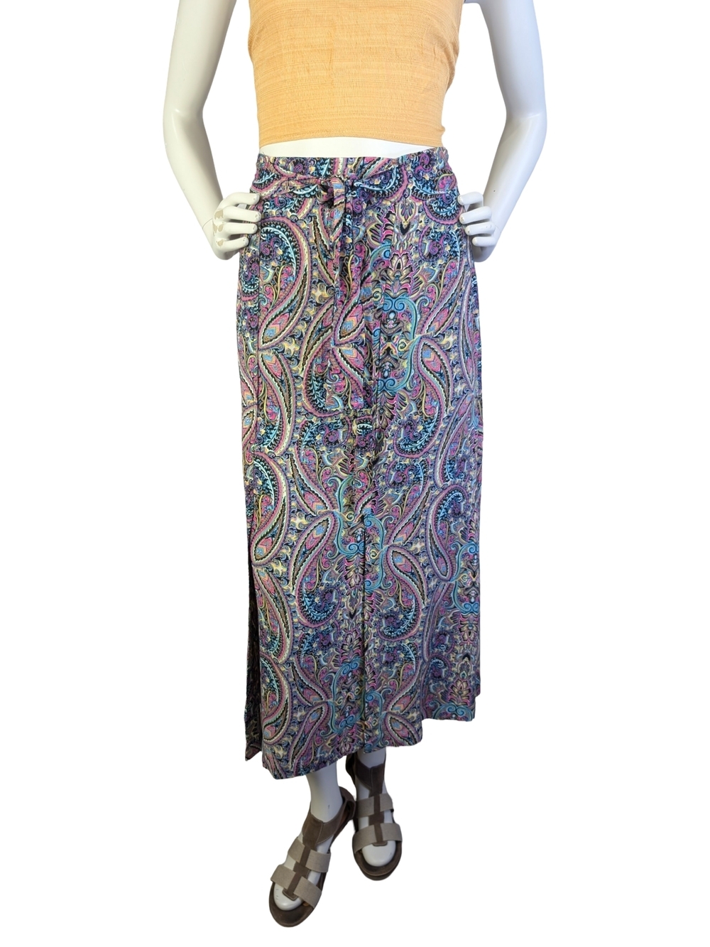 Tribal Paisley Rayon Maxi Skirt Tie Front | Boho Festival | 36" Waist